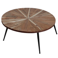 31 Inch Round Mango Wood Coffee Table, Sunburst Design, Tapered Iron Legs, Brown, Black - UPT-262390