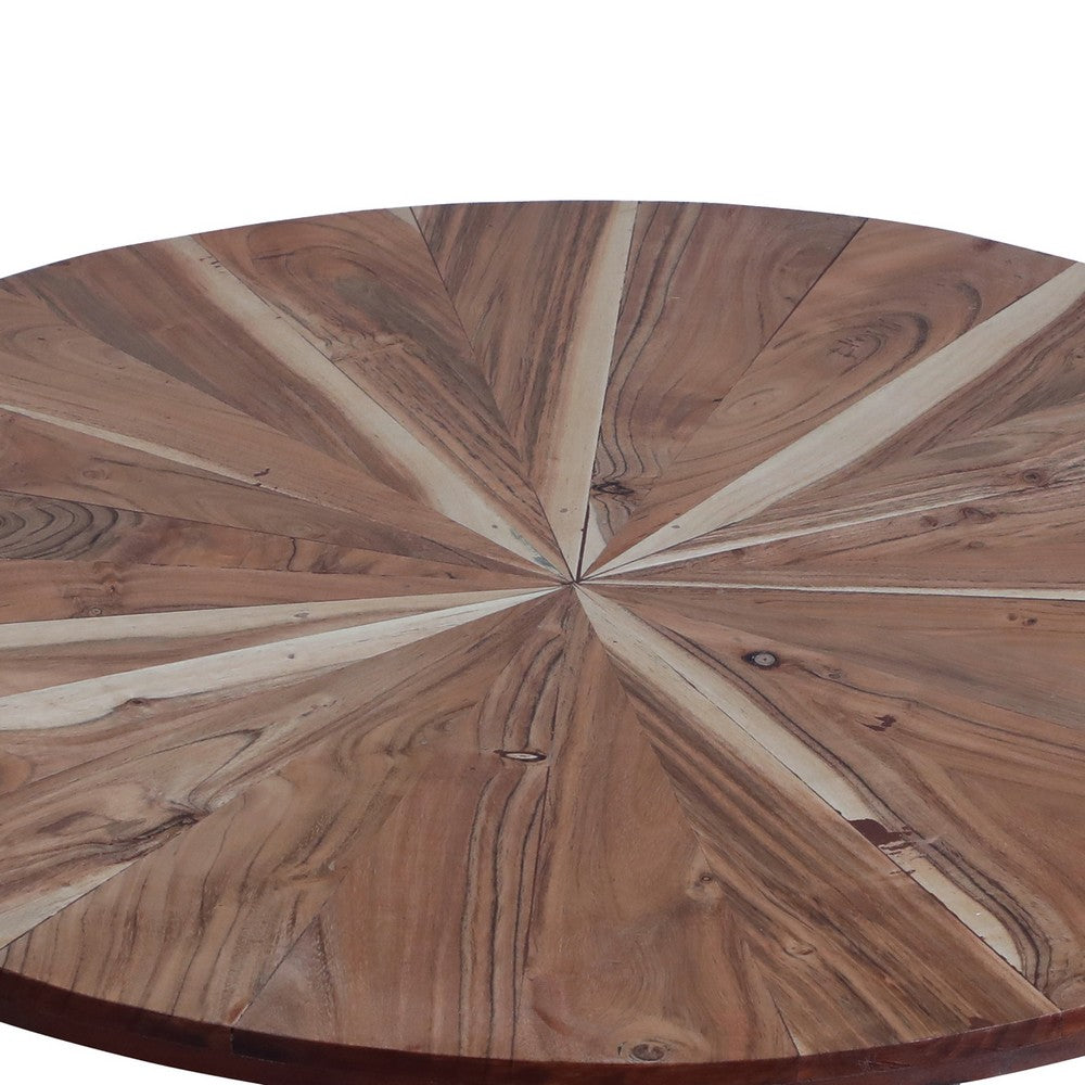 31 Inch Round Mango Wood Coffee Table, Sunburst Design, Tapered Iron Legs, Brown, Black - UPT-262390