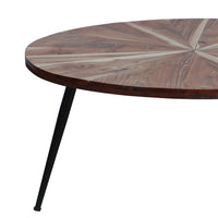 31 Inch Round Mango Wood Coffee Table, Sunburst Design, Tapered Iron Legs, Brown, Black - UPT-262390