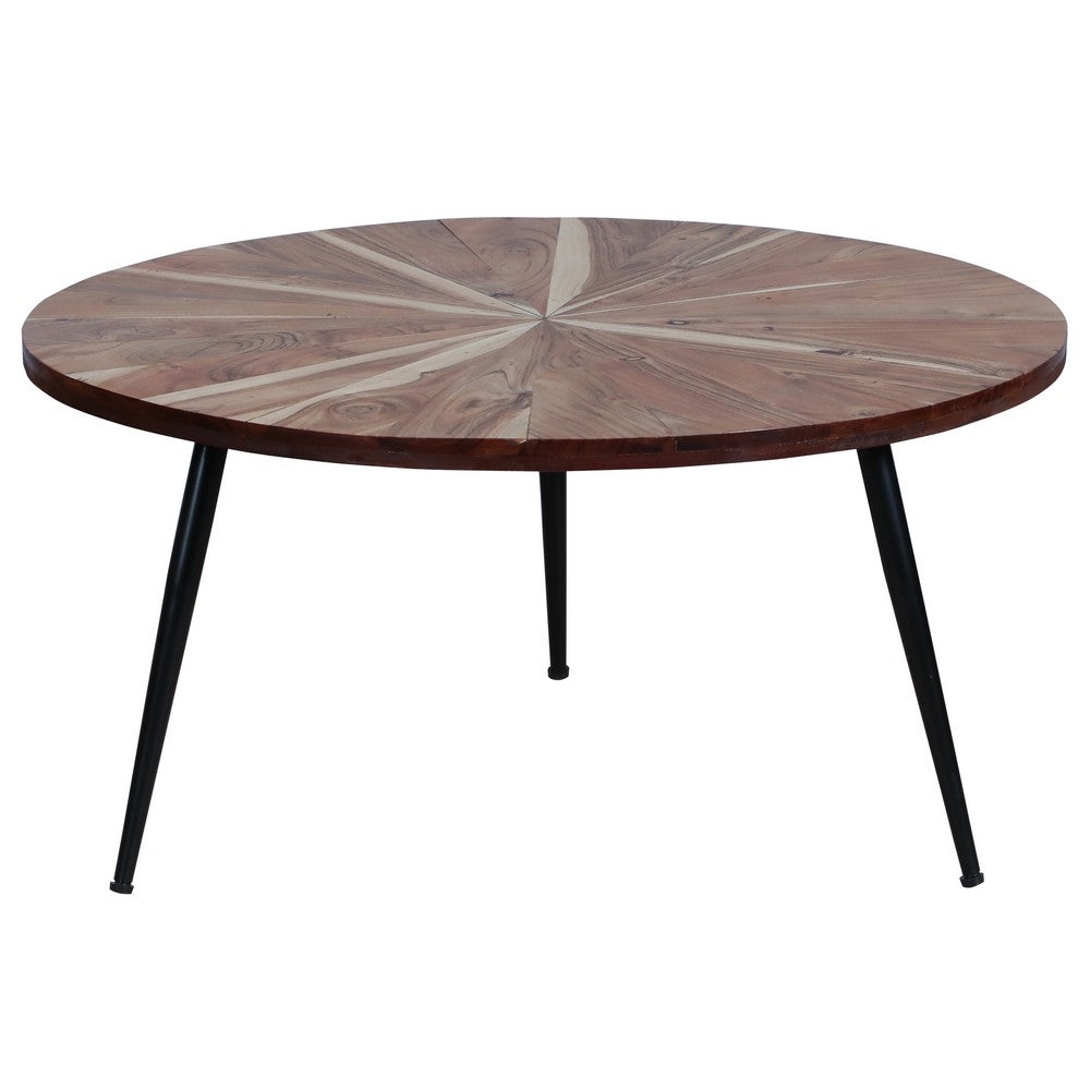 31 Inch Round Mango Wood Coffee Table, Sunburst Design, Tapered Iron Legs, Brown, Black - UPT-262390