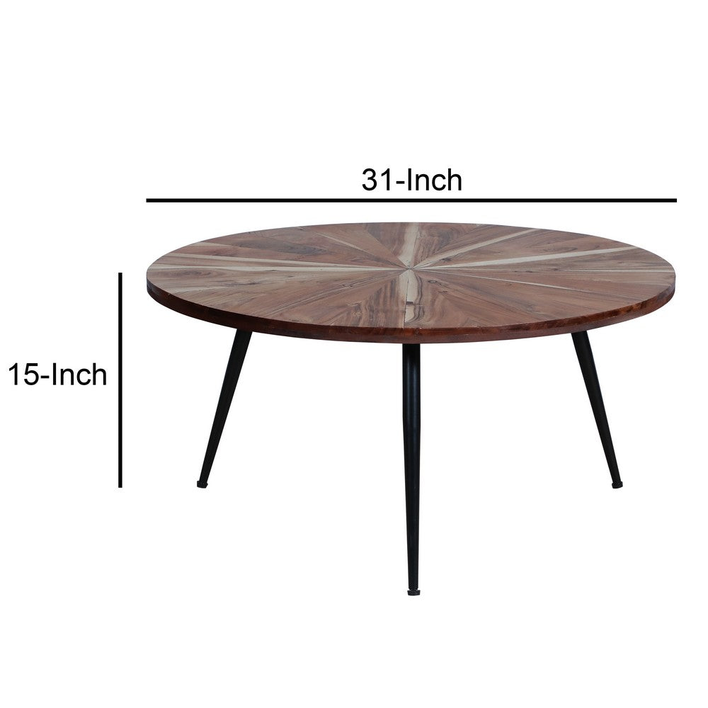 31 Inch Round Mango Wood Coffee Table, Sunburst Design, Tapered Iron Legs, Brown, Black - UPT-262390