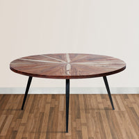 31 Inch Round Mango Wood Coffee Table, Sunburst Design, Tapered Iron Legs, Brown, Black - UPT-262390