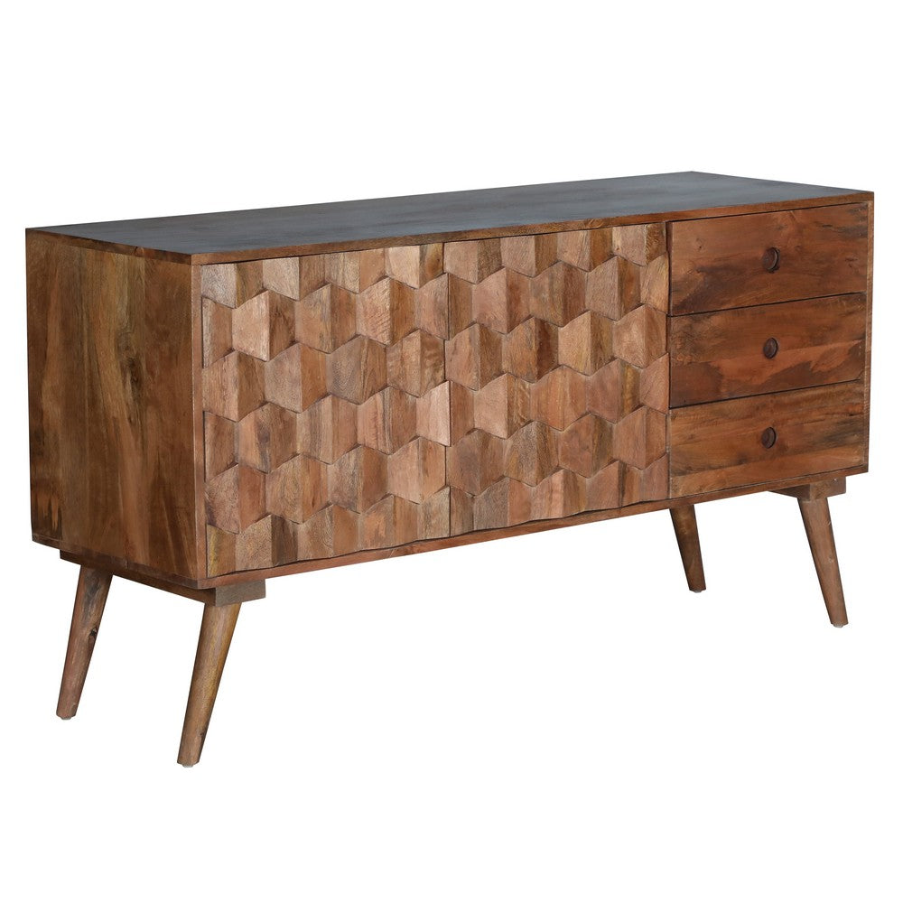 Ero 55 Inch Sideboard Buffet Cabinet, 2 Honeycomb Inlaid Doors, Mango Wood, Natural Brown - UPT-262391