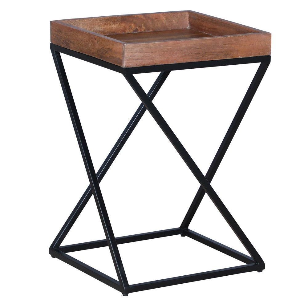 22 Inch Industrial End Side Table with Mango Wood Tray Top, X Shape Iron Frame, Brown, Black - UPT-262393