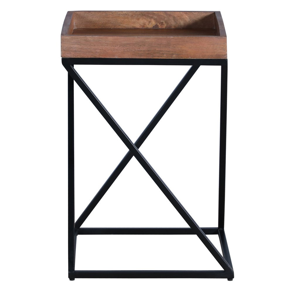 22 Inch Industrial End Side Table with Mango Wood Tray Top, X Shape Iron Frame, Brown, Black - UPT-262393