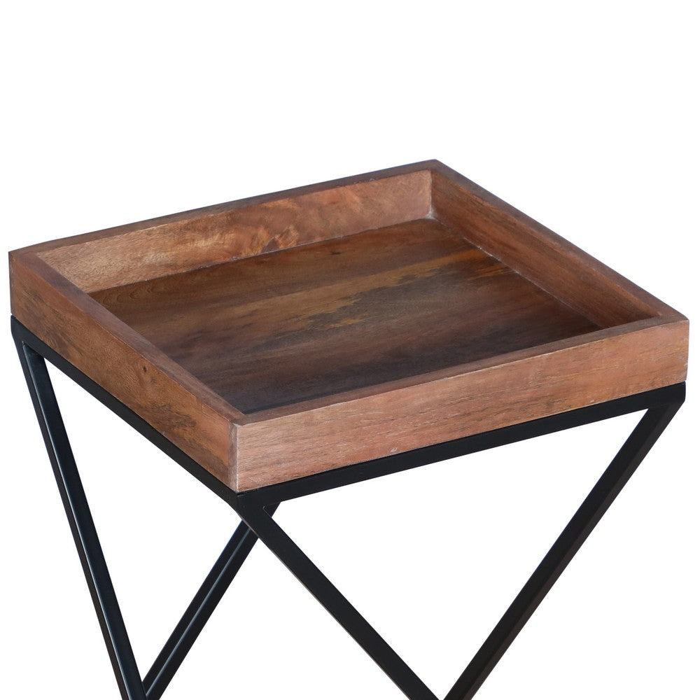 22 Inch Industrial End Side Table with Mango Wood Tray Top, X Shape Iron Frame, Brown, Black - UPT-262393