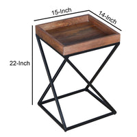 22 Inch Industrial End Side Table with Mango Wood Tray Top, X Shape Iron Frame, Brown, Black - UPT-262393