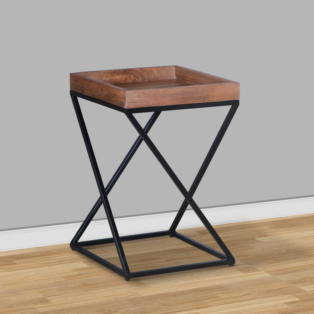 22 Inch Industrial End Side Table with Mango Wood Tray Top, X Shape Iron Frame, Brown, Black - UPT-262393