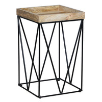 24 Inch Industrial End Side Table, Mango Wood Square Tray Top, V Shape Iron Accent, Brown, Black - UPT-262395