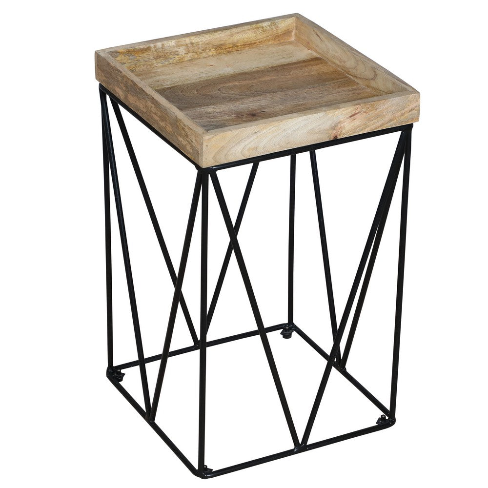 24 Inch Industrial End Side Table, Mango Wood Square Tray Top, V Shape Iron Accent, Brown, Black - UPT-262395