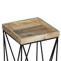 24 Inch Industrial End Side Table, Mango Wood Square Tray Top, V Shape Iron Accent, Brown, Black - UPT-262395