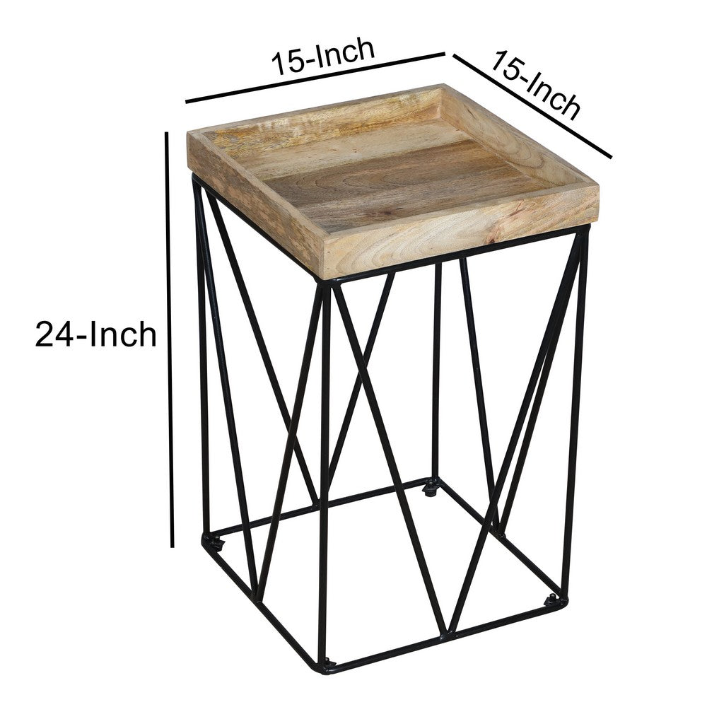 24 Inch Industrial End Side Table, Mango Wood Square Tray Top, V Shape Iron Accent, Brown, Black - UPT-262395