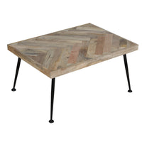 36 Inch Rectangular Mango Wood Coffee Table, Herringbone Design, Iron Legs, Brown, Black - UPT-262396