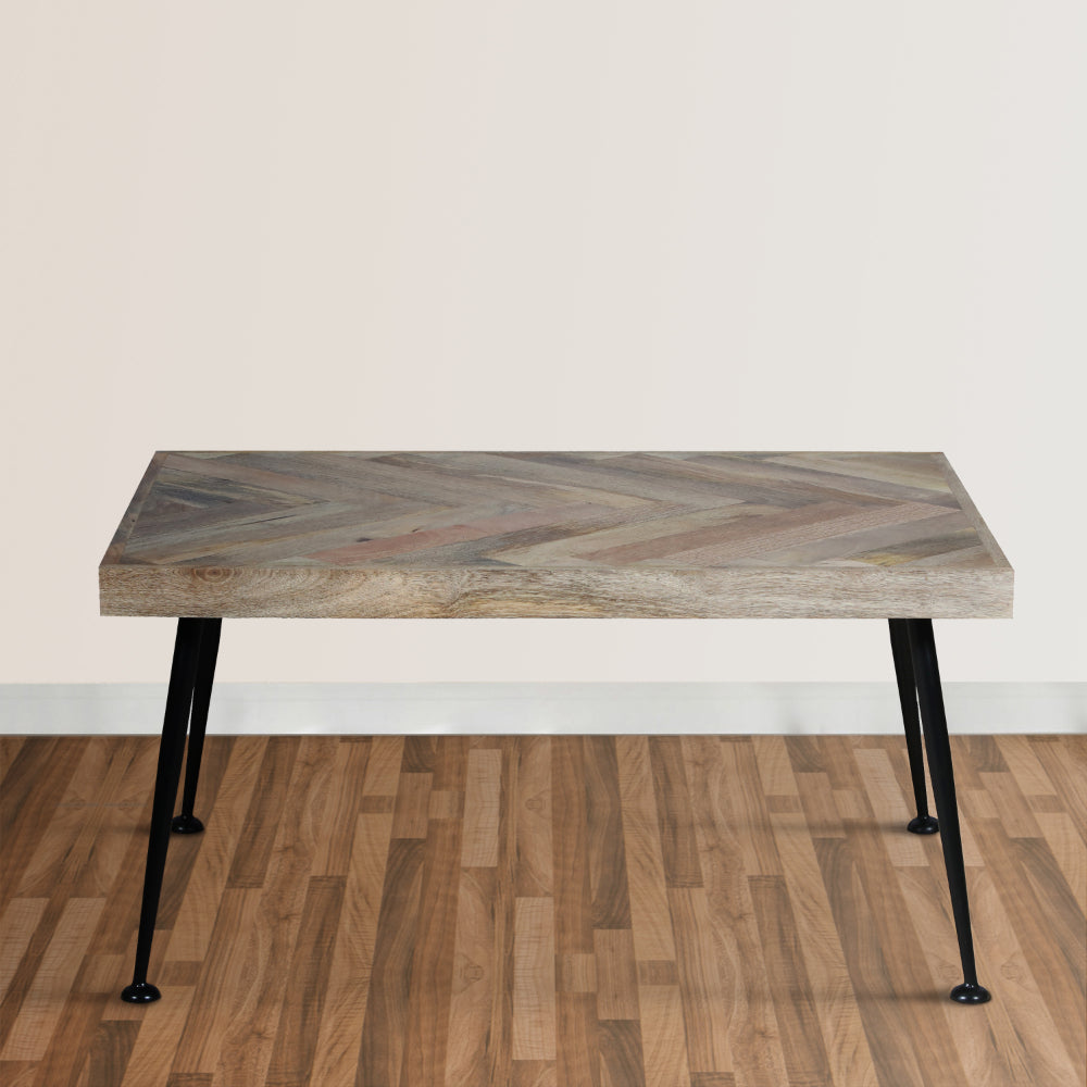 36 Inch Rectangular Mango Wood Coffee Table, Herringbone Design, Iron Legs, Brown, Black - UPT-262396