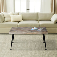 36 Inch Rectangular Mango Wood Coffee Table, Herringbone Design, Iron Legs, Brown, Black - UPT-262396