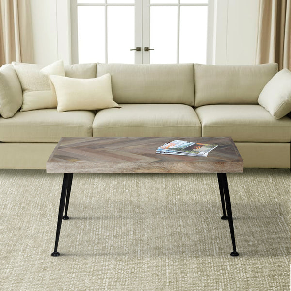 36 Inch Rectangular Mango Wood Coffee Table, Herringbone Design, Iron Legs, Brown, Black - UPT-262396