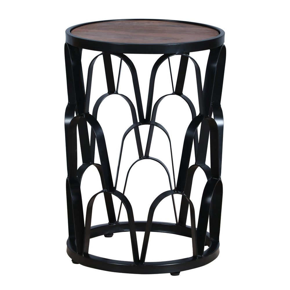 Dex 23 Inch End Side Table, Round Mango Wood Top, Lattice Cut Out Iron Frame, Brown, Black - UPT-262397