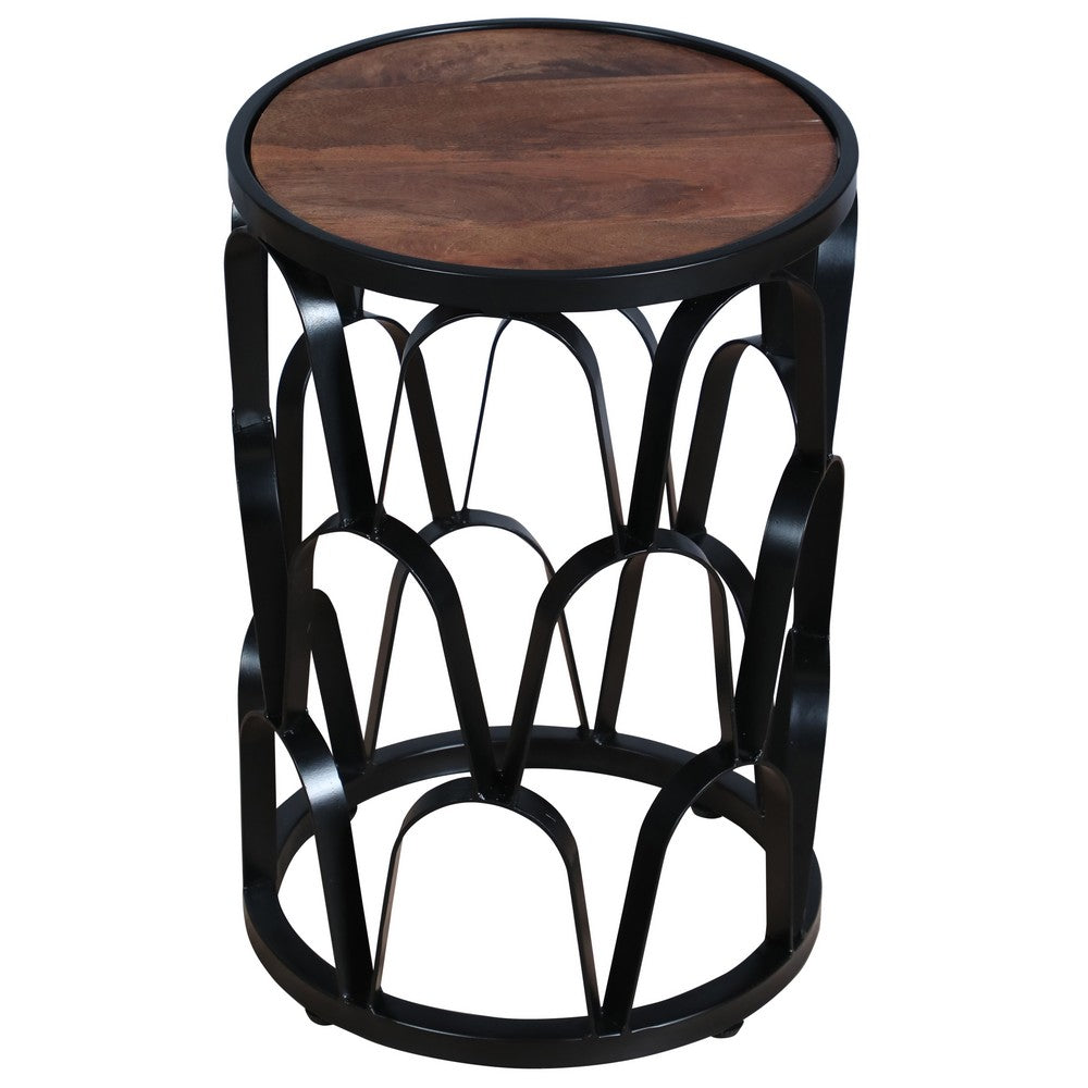 Dex 23 Inch End Side Table, Round Mango Wood Top, Lattice Cut Out Iron Frame, Brown, Black - UPT-262397