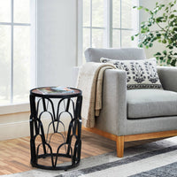 23 Inch End Side Table, Round Mango Wood Top, Lattice Cut Out Iron Frame, Brown, Black - UPT-262397