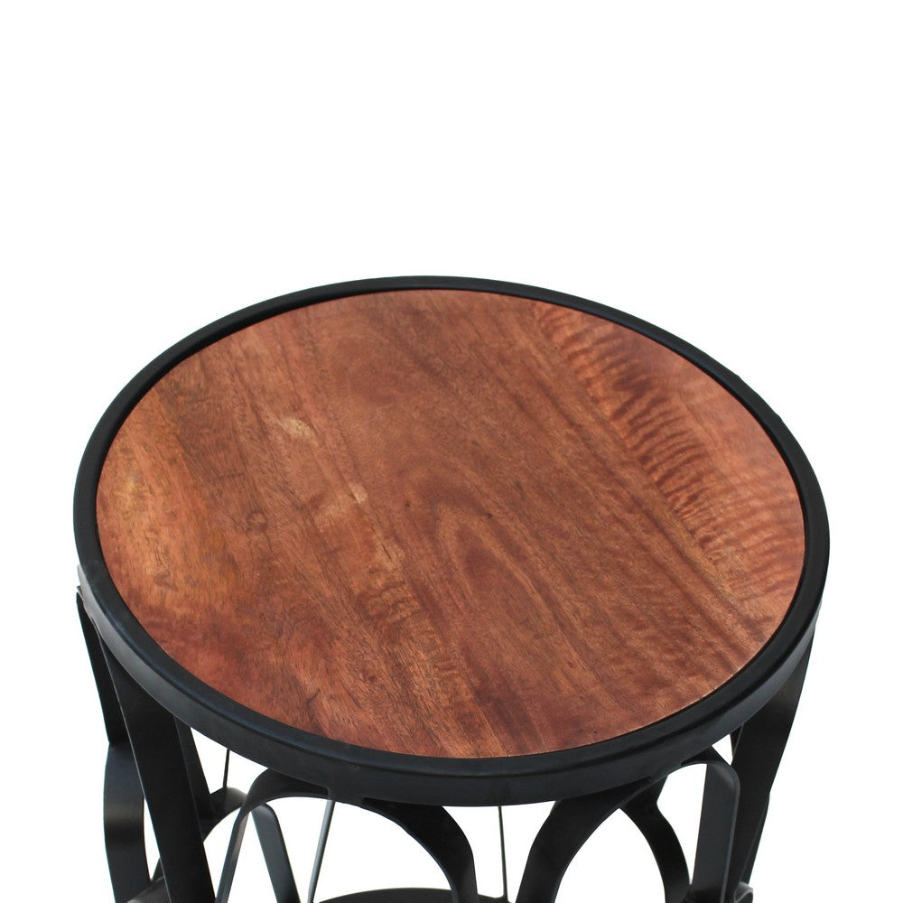 Dex 23 Inch End Side Table, Round Mango Wood Top, Lattice Cut Out Iron Frame, Brown, Black - UPT-262397