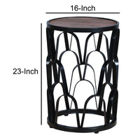 Dex 23 Inch End Side Table, Round Mango Wood Top, Lattice Cut Out Iron Frame, Brown, Black - UPT-262397