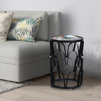 Dex 23 Inch End Side Table, Round Mango Wood Top, Lattice Cut Out Iron Frame, Brown, Black - UPT-262397