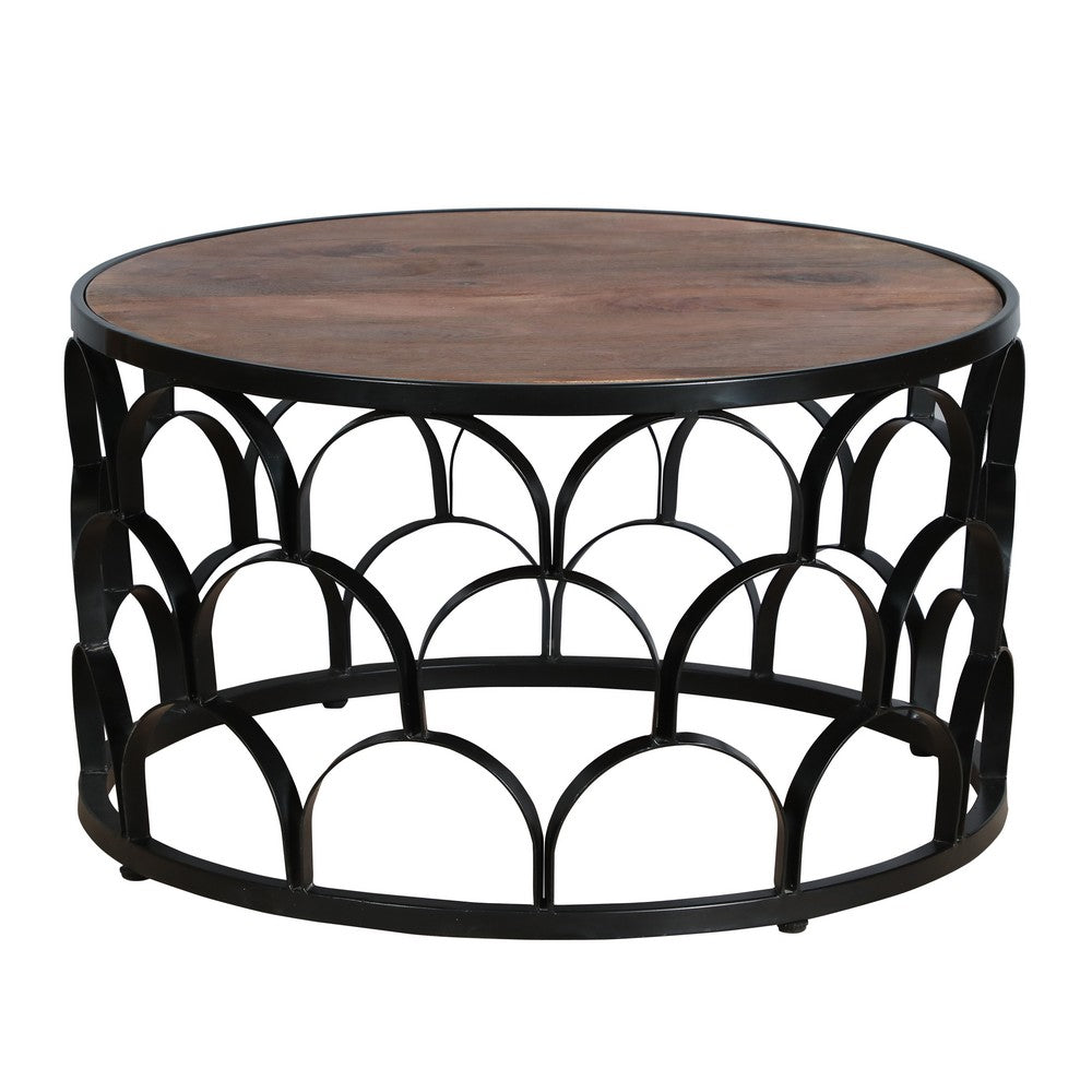 Dex 32 Inch Round Coffee Table, Mango Wood Top, Lattice Cut Out Metal Frame, Brown, Black - UPT-262398