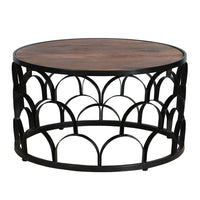 Dex 32 Inch Round Coffee Table, Mango Wood Top, Lattice Cut Out Metal Frame, Brown, Black - UPT-262398