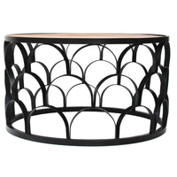 Dex 32 Inch Round Coffee Table, Mango Wood Top, Lattice Cut Out Metal Frame, Brown, Black - UPT-262398