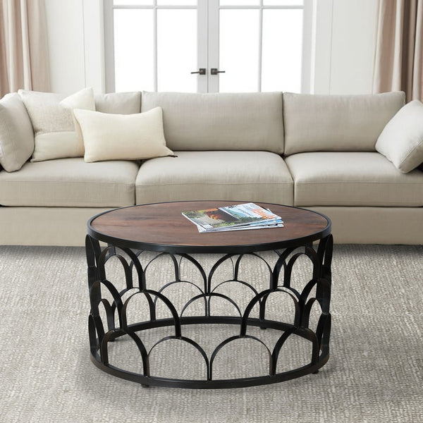 Dex 32 Inch Round Coffee Table, Mango Wood Top, Lattice Cut Out Metal Frame, Brown, Black - UPT-262398