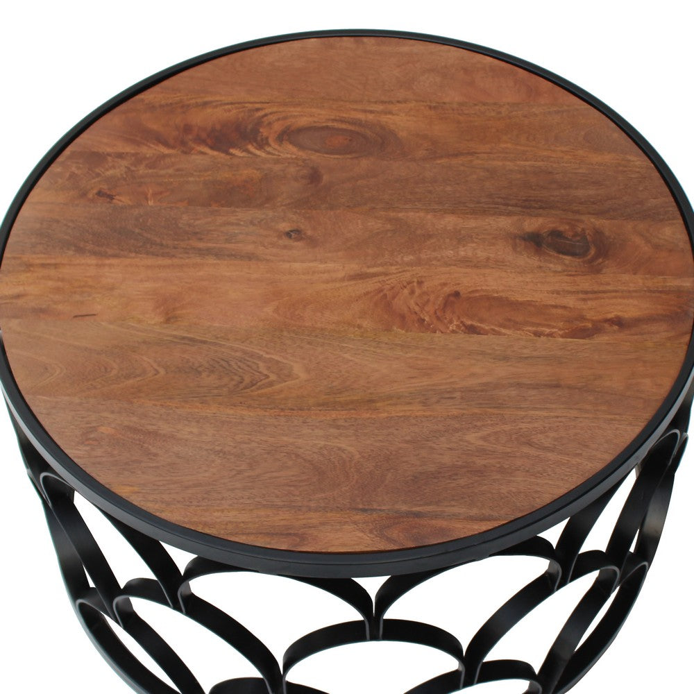 Dex 32 Inch Round Coffee Table, Mango Wood Top, Lattice Cut Out Metal Frame, Brown, Black - UPT-262398