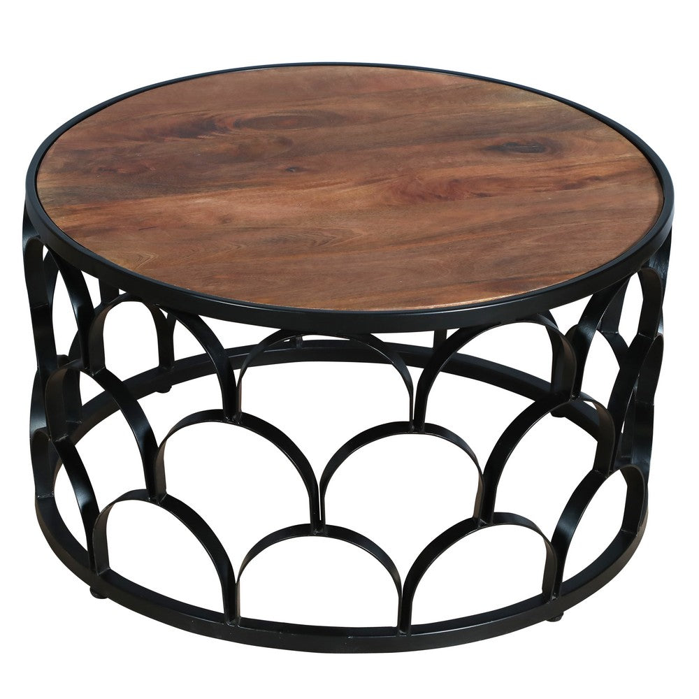 Dex 32 Inch Round Coffee Table, Mango Wood Top, Lattice Cut Out Metal Frame, Brown, Black - UPT-262398