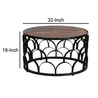 Dex 32 Inch Round Coffee Table, Mango Wood Top, Lattice Cut Out Metal Frame, Brown, Black - UPT-262398