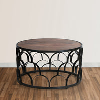 Dex 32 Inch Round Coffee Table, Mango Wood Top, Lattice Cut Out Metal Frame, Brown, Black - UPT-262398