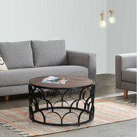 Dex 32 Inch Round Coffee Table, Mango Wood Top, Lattice Cut Out Metal Frame, Brown, Black - UPT-262398