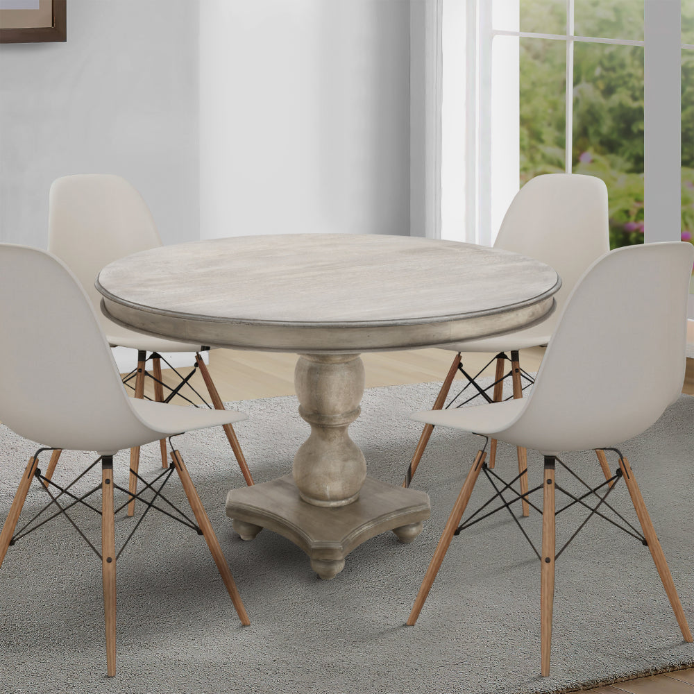 42 Inch Handcrafted Mango Wood Dining Table, Pedestal Base, Round Molded Top, Washed White, Gray - UPT-262414