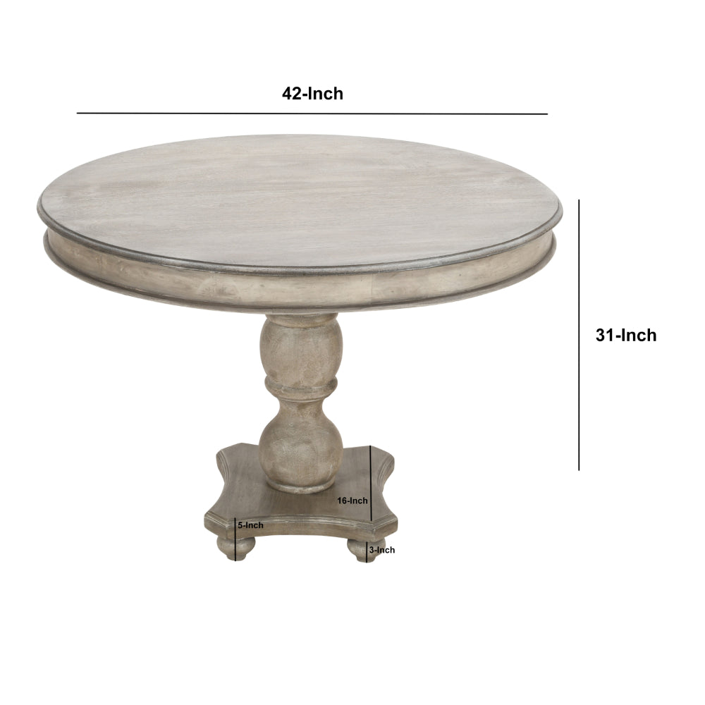 42 Inch Handcrafted Mango Wood Dining Table, Pedestal Base, Round Molded Top, Washed White, Gray - UPT-262414