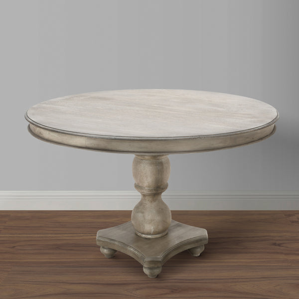 42 Inch Handcrafted Mango Wood Dining Table, Pedestal Base, Round Molded Top, Washed White, Gray - UPT-262414