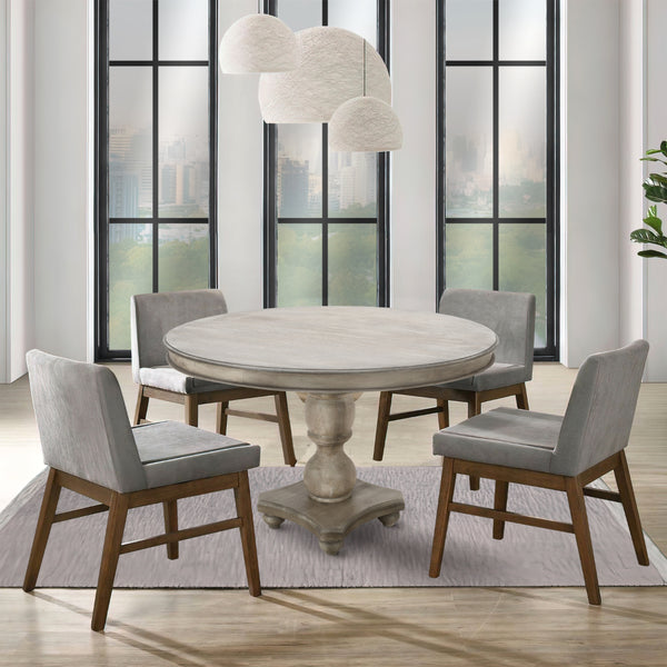 42 Inch Handcrafted Mango Wood Dining Table, Pedestal Base, Round Molded Top, Washed White, Gray - UPT-262414