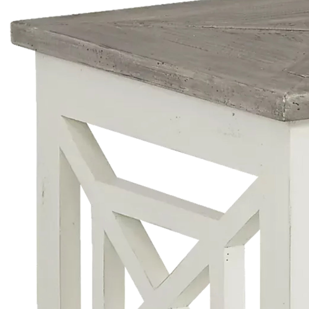 Pari Solid Wood Farmhouse End Table with X Shape Side Panels, White and Brown - UPT-262892