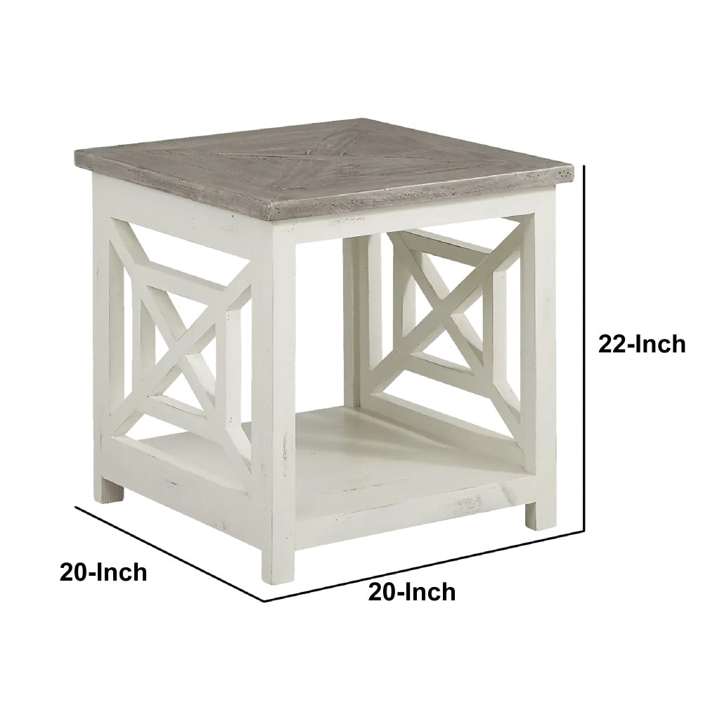 Pari Solid Wood Farmhouse End Table with X Shape Side Panels, White and Brown - UPT-262892