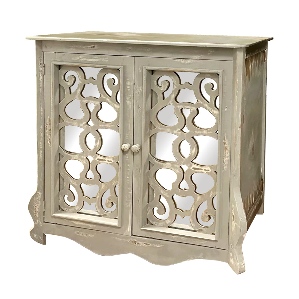 Storage Console with 2 Doors and Scrolled Mirror Trim, Antique White and Silver - UPT-262893