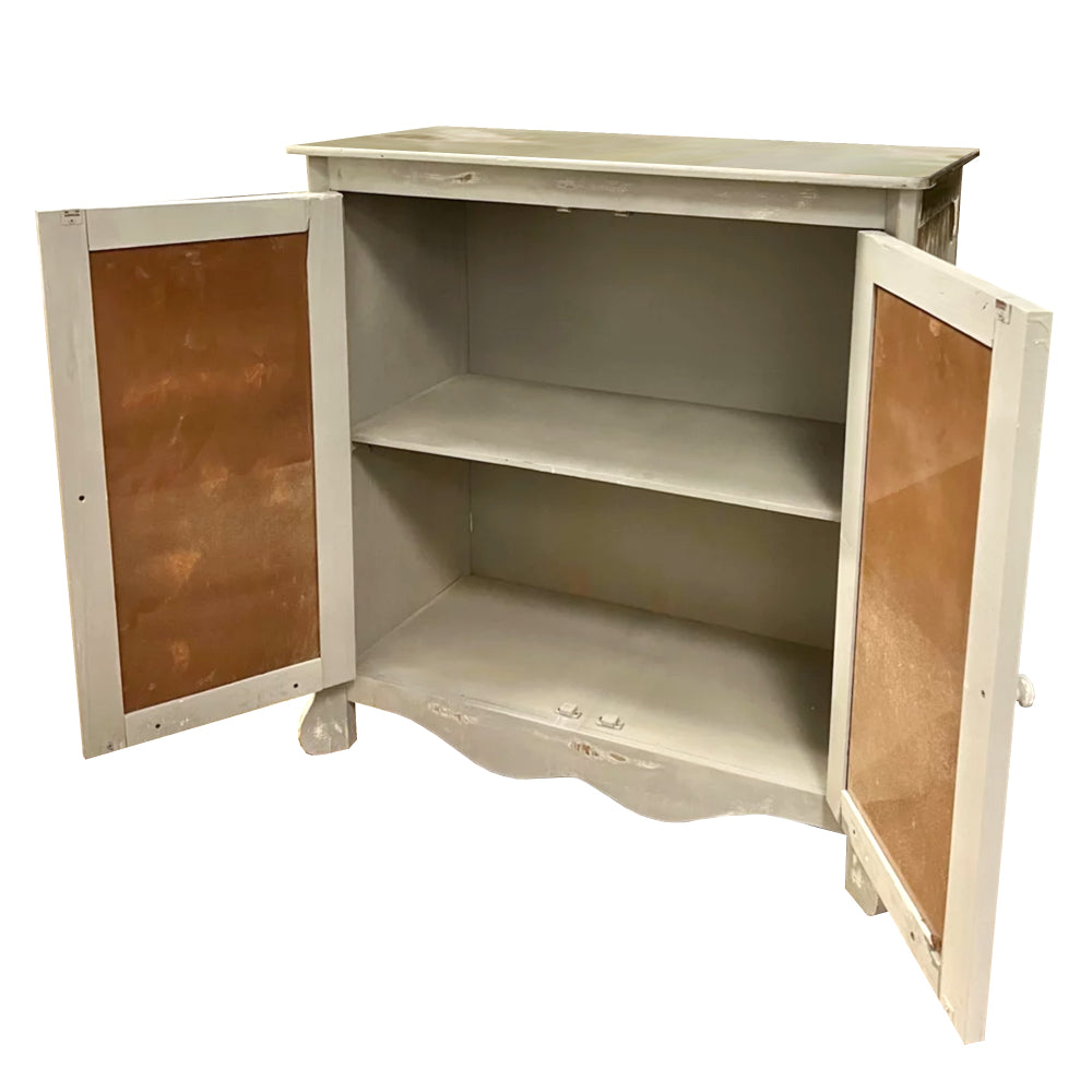 Storage Console with 2 Doors and Scrolled Mirror Trim, Antique White and Silver - UPT-262893