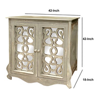 Storage Console with 2 Doors and Scrolled Mirror Trim, Antique White and Silver - UPT-262893