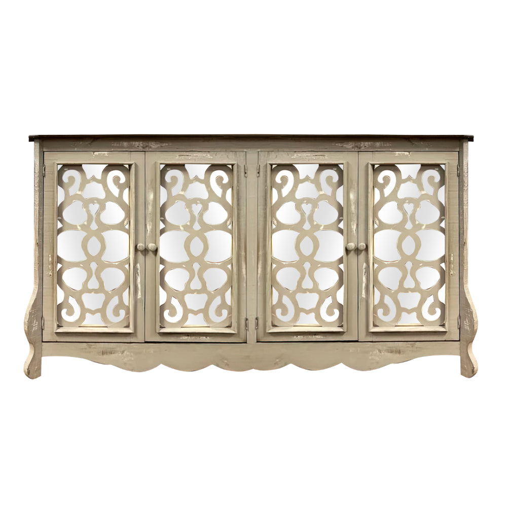 Storage Console with 4 Doors and Scrolled Mirror Trim, Antique White and Silver - UPT-262894