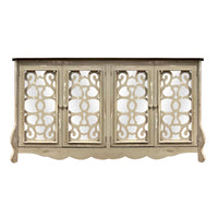 Storage Console with 4 Doors and Scrolled Mirror Trim, Antique White and Silver - UPT-262894