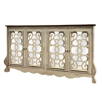 Storage Console with 4 Doors and Scrolled Mirror Trim, Antique White and Silver - UPT-262894