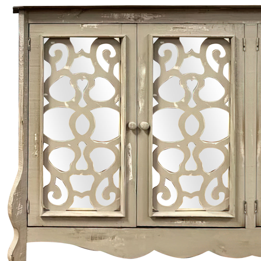 Storage Console with 4 Doors and Scrolled Mirror Trim, Antique White and Silver - UPT-262894