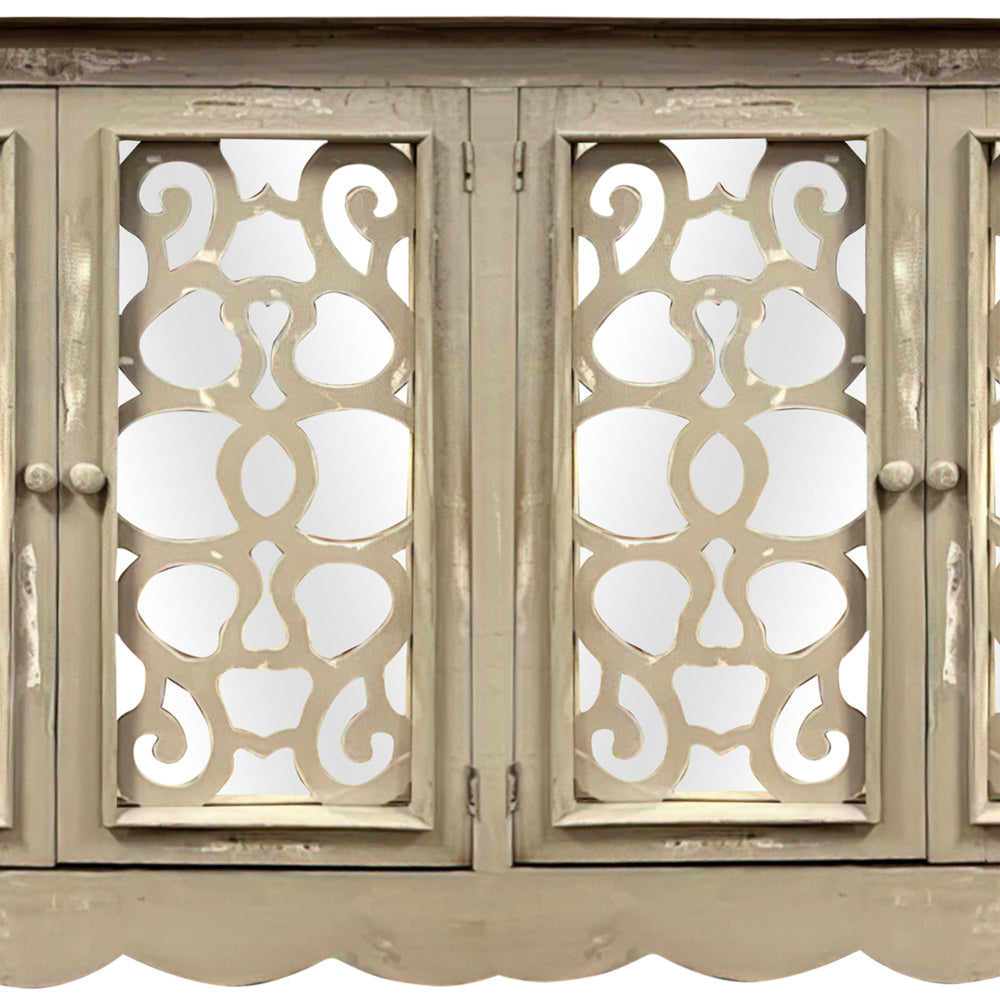 Storage Console with 4 Doors and Scrolled Mirror Trim, Antique White and Silver - UPT-262894