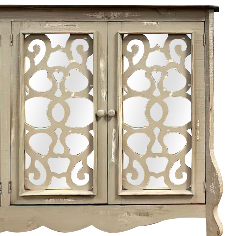 Storage Console with 4 Doors and Scrolled Mirror Trim, Antique White and Silver - UPT-262894